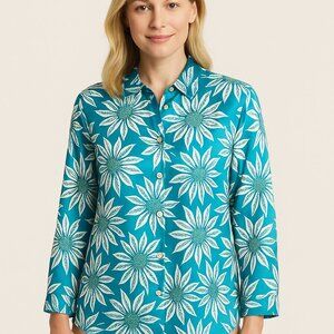 Chicos Mother of the Bride Floral Print Turquoise Silk Blend Jacket Top SZ 3